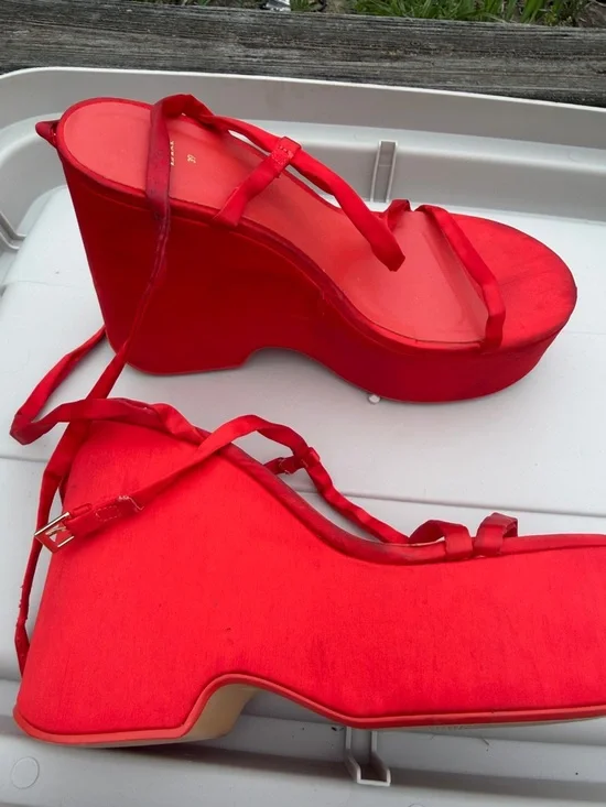 Zara Bright Red Satin Platform Heels - Picture 2 of 10